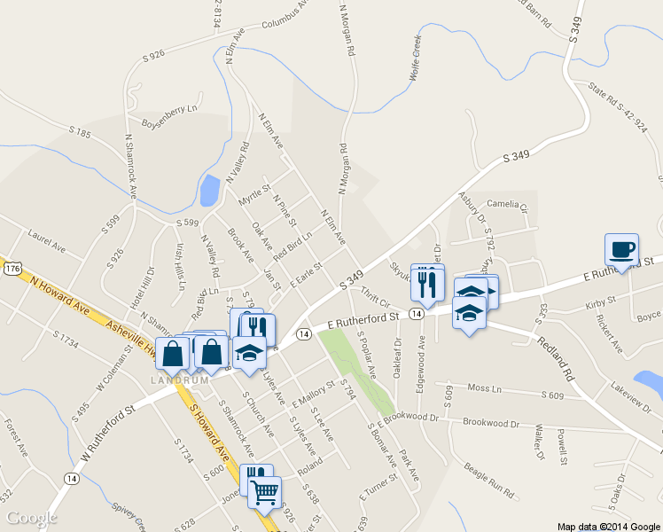 map of restaurants, bars, coffee shops, grocery stores, and more near 110 North Pine Street in Landrum