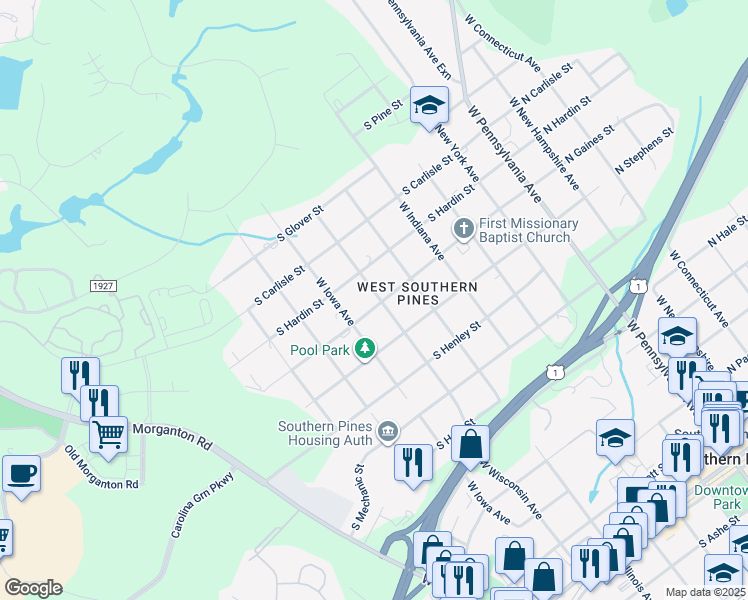 map of restaurants, bars, coffee shops, grocery stores, and more near 1010 West Wisconsin Avenue in Southern Pines