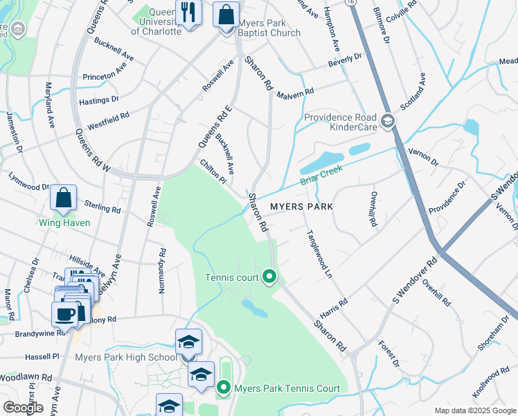 map of restaurants, bars, coffee shops, grocery stores, and more near 2357 Sharon Rd in Charlotte