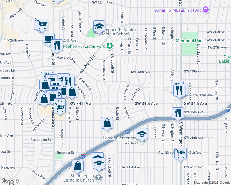 map of restaurants, bars, coffee shops, grocery stores, and more near 3216 Bowie Street in Amarillo