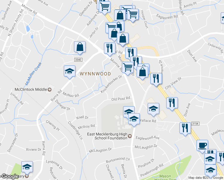 map of restaurants, bars, coffee shops, grocery stores, and more near 6348 Forest Way Drive in Charlotte