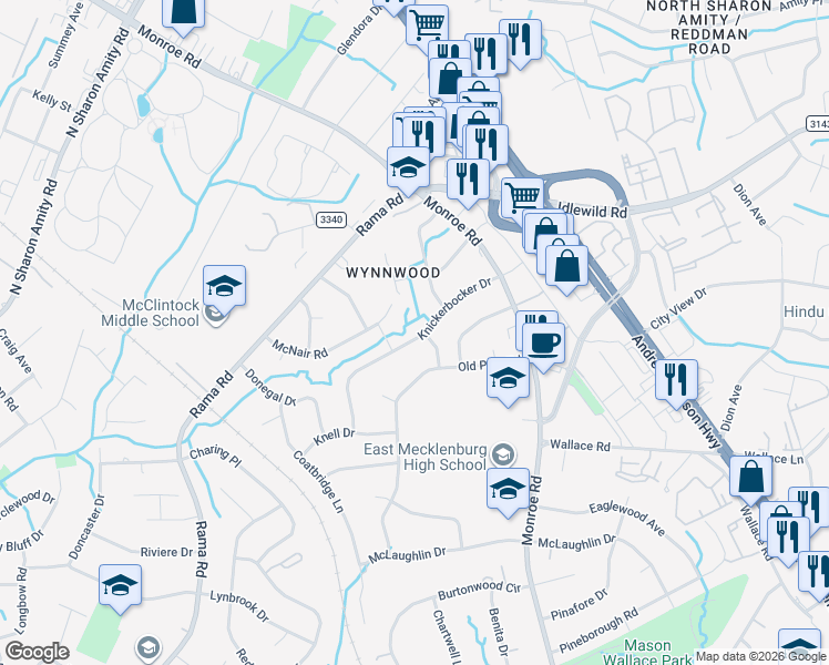 map of restaurants, bars, coffee shops, grocery stores, and more near 2223 Knickerbocker Drive in Charlotte