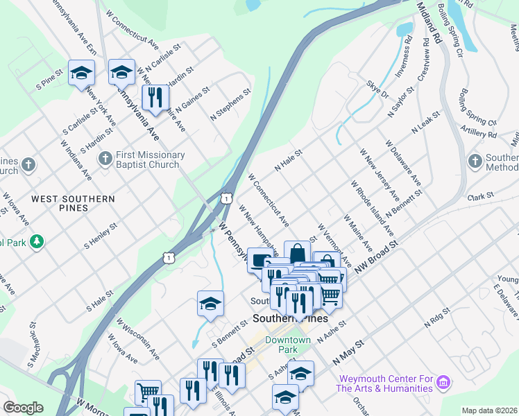 map of restaurants, bars, coffee shops, grocery stores, and more near 281 North Saylor Street in Southern Pines