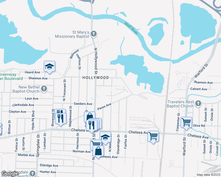 map of restaurants, bars, coffee shops, grocery stores, and more near 2517 Calvert Avenue in Memphis