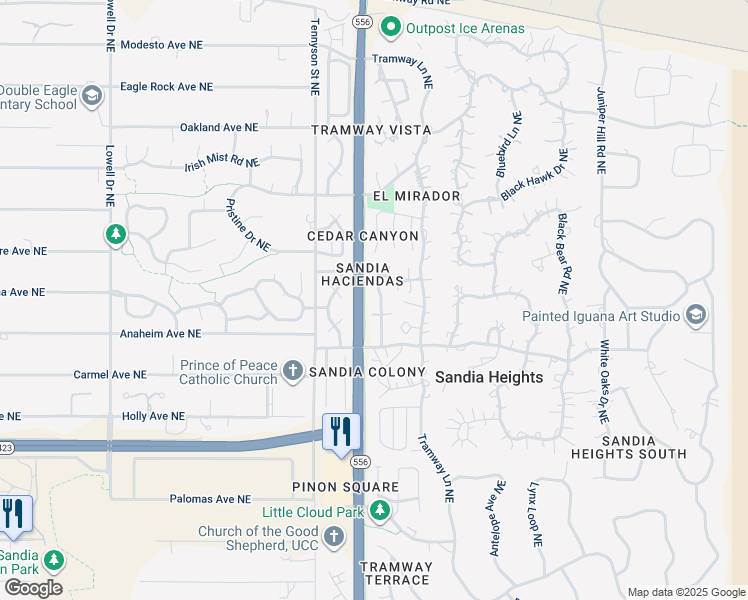 map of restaurants, bars, coffee shops, grocery stores, and more near 789 Tramway Place Northeast in Albuquerque