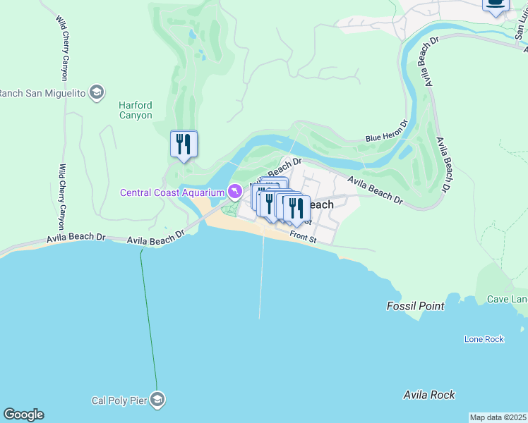map of restaurants, bars, coffee shops, grocery stores, and more near 74 San Francisco Street in Avila Beach