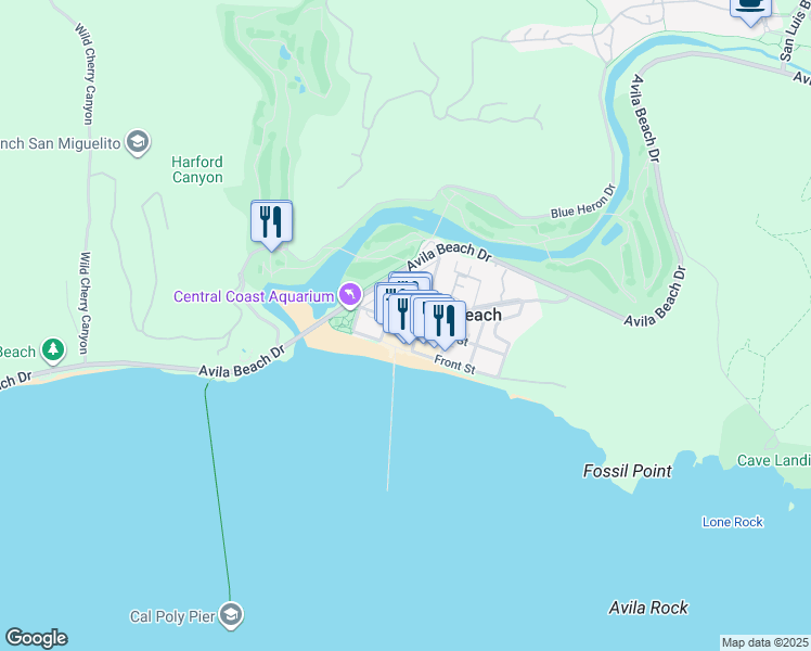 map of restaurants, bars, coffee shops, grocery stores, and more near 445 1st Street in Avila Beach