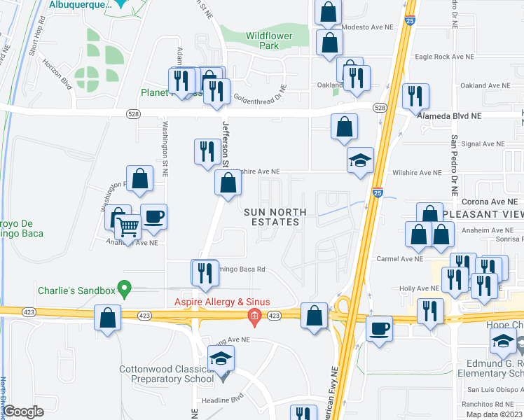 map of restaurants, bars, coffee shops, grocery stores, and more near 8430 Brook Street Northeast in Albuquerque