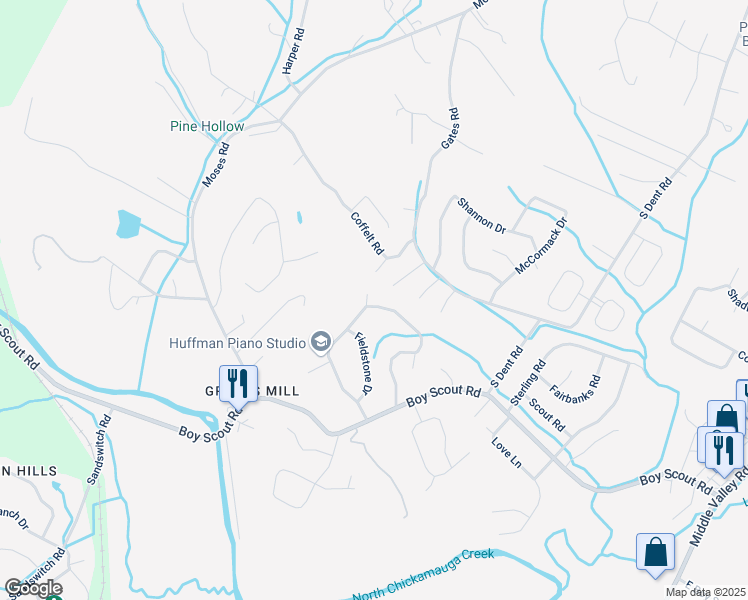 map of restaurants, bars, coffee shops, grocery stores, and more near 1202 Wood Pines Lane in Middle Valley