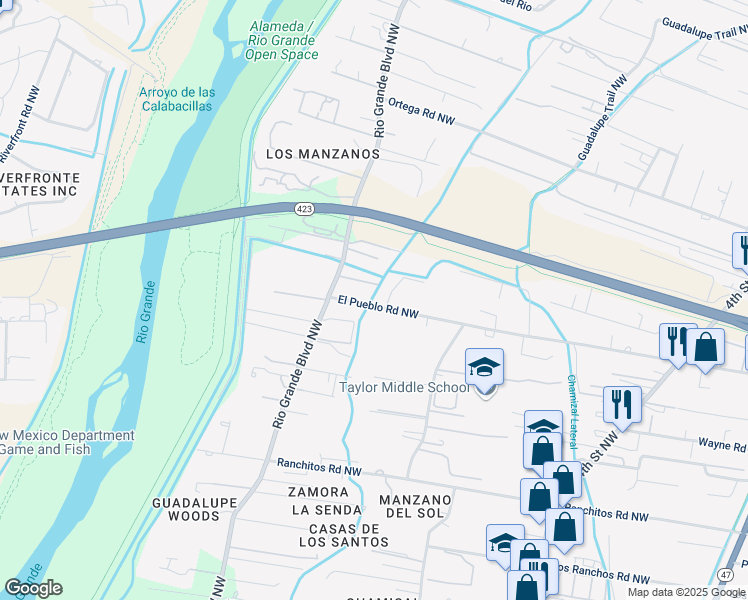 map of restaurants, bars, coffee shops, grocery stores, and more near 1105 El Pueblo Road Northwest in Los Ranchos de Albuquerque