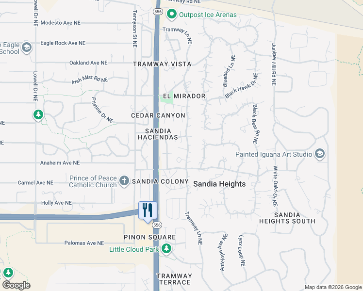 map of restaurants, bars, coffee shops, grocery stores, and more near 793 Tramway Lane Northeast in Albuquerque