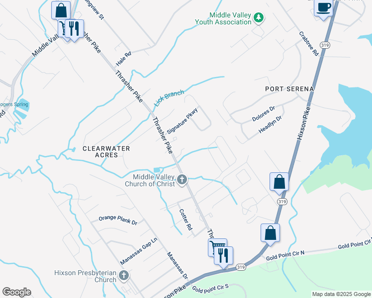 map of restaurants, bars, coffee shops, grocery stores, and more near 7752 Pinetree Lane in Middle Valley