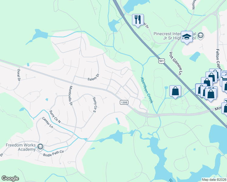map of restaurants, bars, coffee shops, grocery stores, and more near 30 Hampton Court in Pinehurst