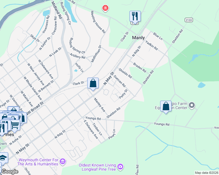 map of restaurants, bars, coffee shops, grocery stores, and more near 1090 North Ridge Street in Southern Pines