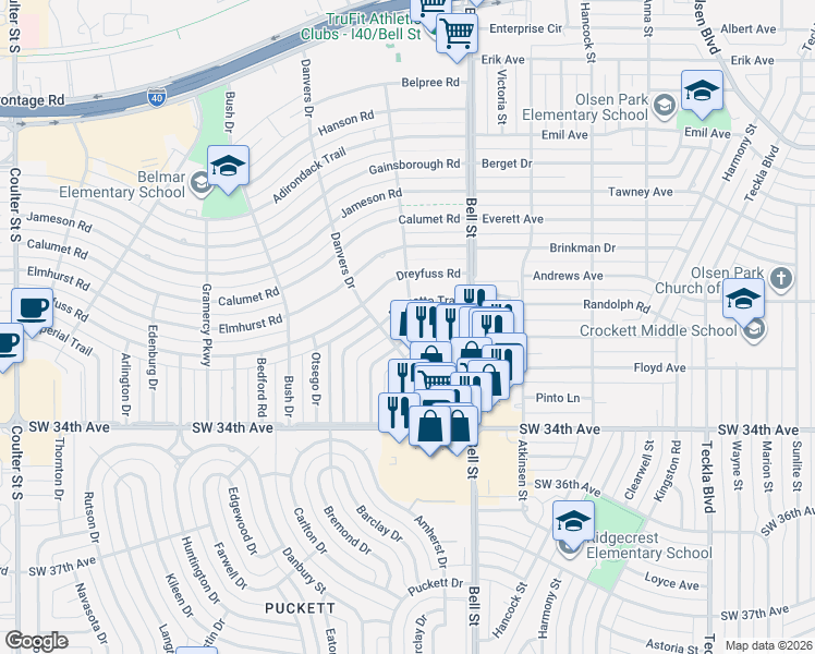 map of restaurants, bars, coffee shops, grocery stores, and more near 6111 Palmetto Trail in Amarillo