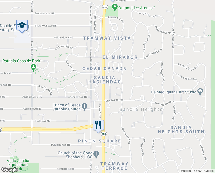 map of restaurants, bars, coffee shops, grocery stores, and more near 789 Tramway Place Northeast in Albuquerque