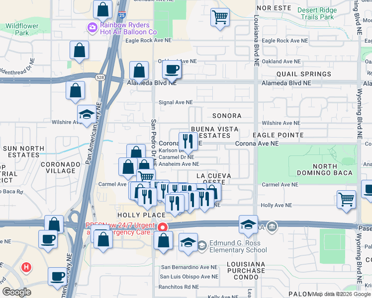 map of restaurants, bars, coffee shops, grocery stores, and more near 6502 Karlson Drive Northeast in Albuquerque
