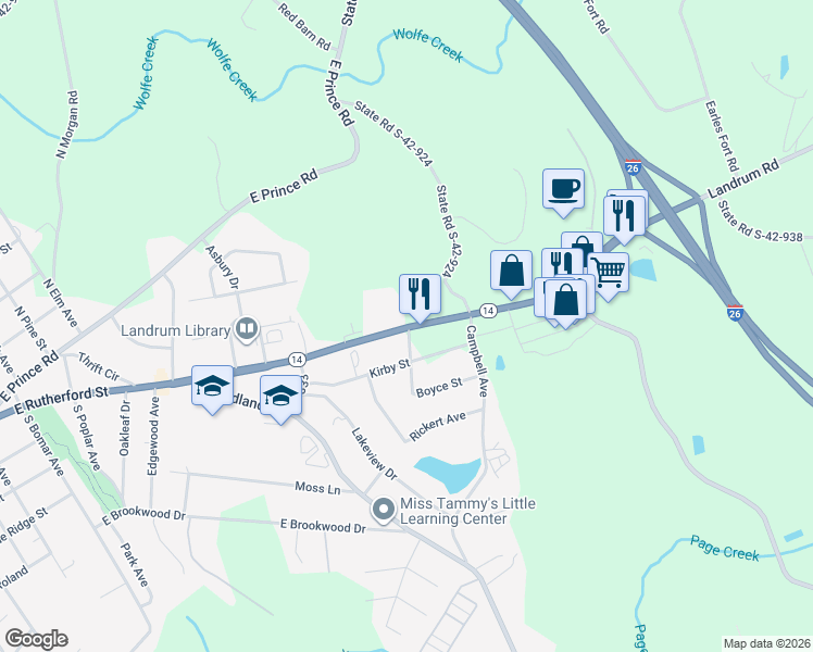 map of restaurants, bars, coffee shops, grocery stores, and more near 1600 East Rutherford Street in Landrum
