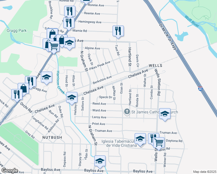 map of restaurants, bars, coffee shops, grocery stores, and more near 1745 McNair Street in Memphis