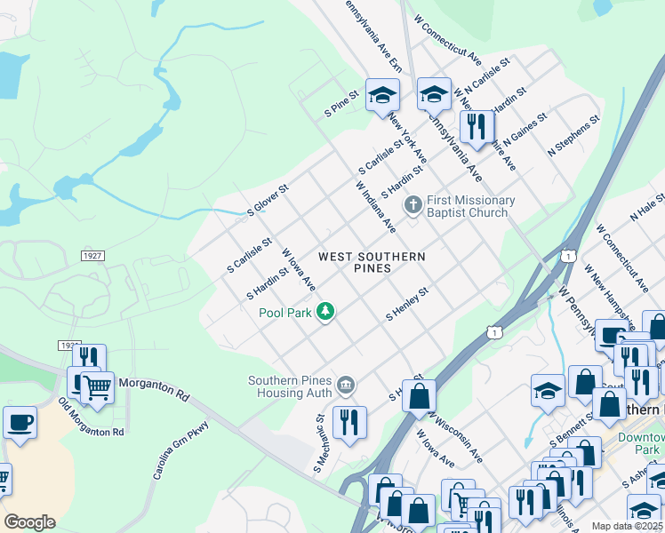 map of restaurants, bars, coffee shops, grocery stores, and more near 1010 West Wisconsin Avenue in Southern Pines