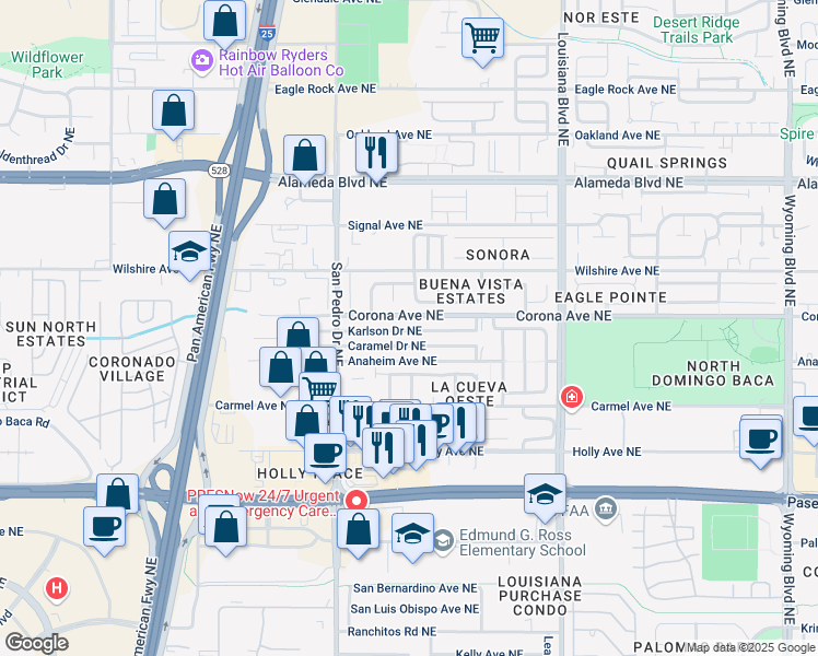 map of restaurants, bars, coffee shops, grocery stores, and more near 6502 Karlson Drive Northeast in Albuquerque