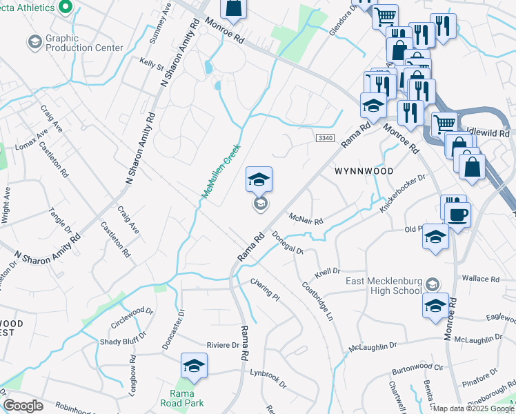 map of restaurants, bars, coffee shops, grocery stores, and more near 1925 Rama Road in Charlotte