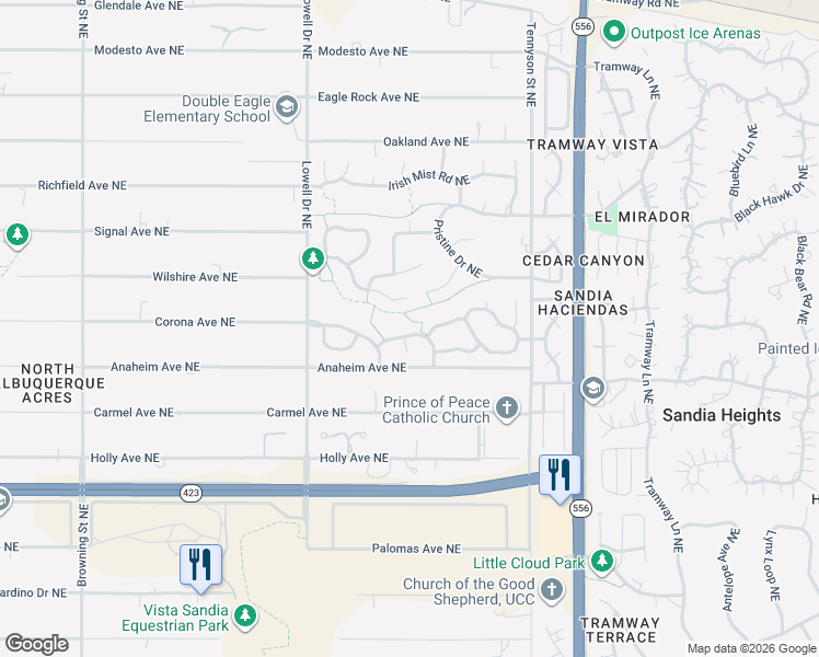 map of restaurants, bars, coffee shops, grocery stores, and more near 12221 Mountain Haze Road Northeast in Albuquerque