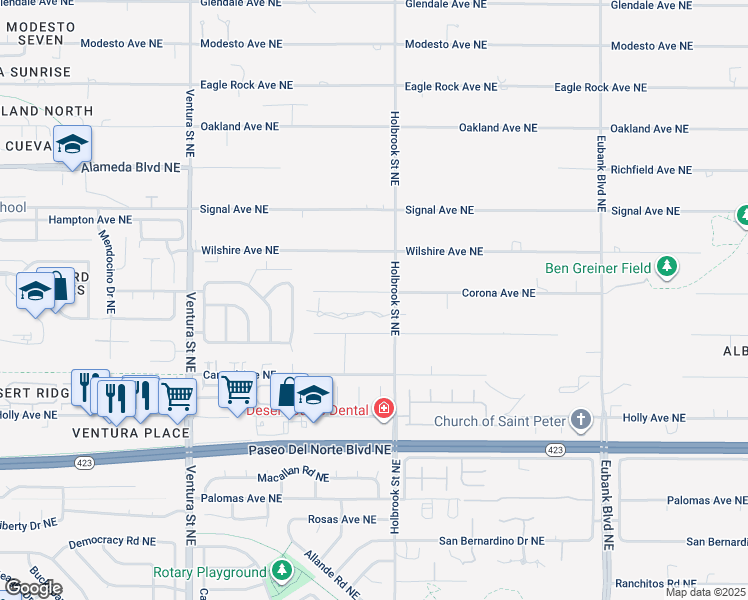 map of restaurants, bars, coffee shops, grocery stores, and more near 9504 Del Arroyo Avenue Northeast in Albuquerque