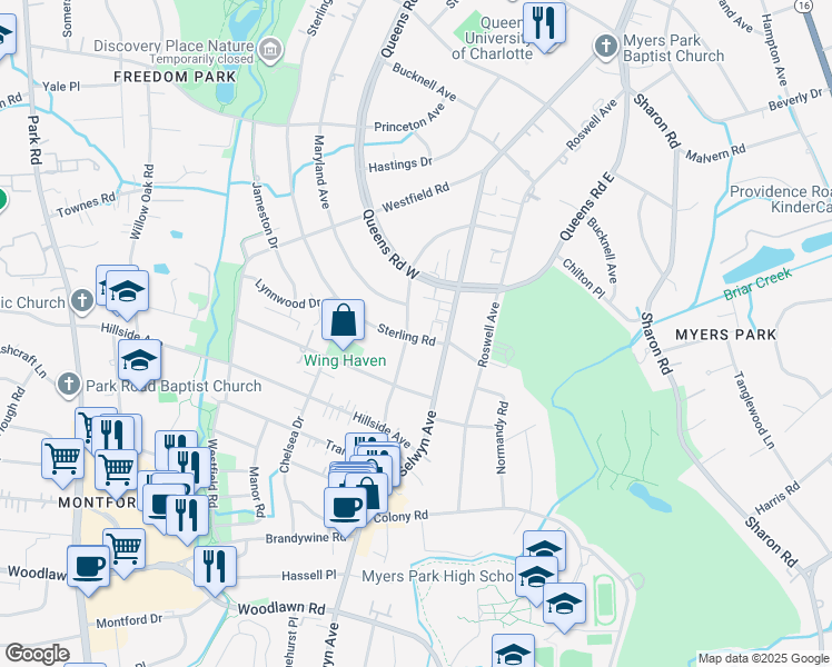 map of restaurants, bars, coffee shops, grocery stores, and more near 2451 Croydon Road in Charlotte