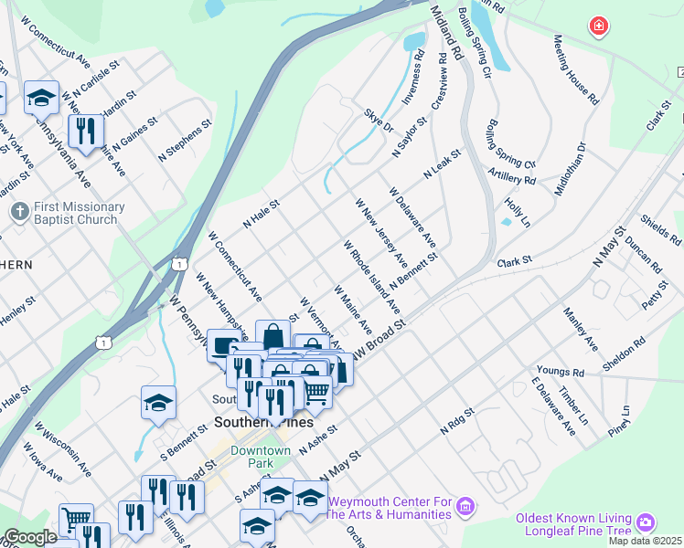 map of restaurants, bars, coffee shops, grocery stores, and more near 534 North Page Street in Southern Pines
