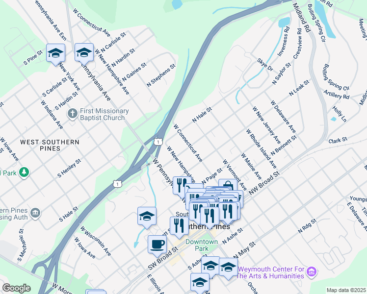 map of restaurants, bars, coffee shops, grocery stores, and more near 274 North Saylor Street in Southern Pines