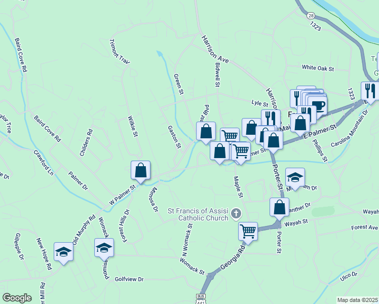 map of restaurants, bars, coffee shops, grocery stores, and more near 654 West Main Street in Franklin