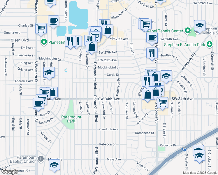 map of restaurants, bars, coffee shops, grocery stores, and more near 3309 Lenwood Drive in Amarillo