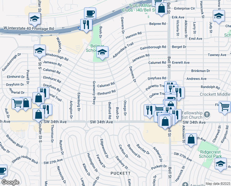 map of restaurants, bars, coffee shops, grocery stores, and more near 3000-3198 Bush Drive in Amarillo