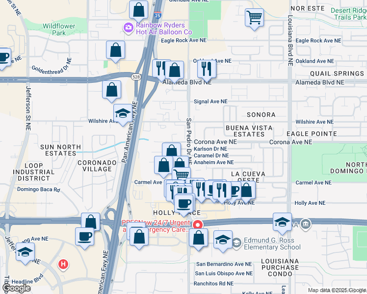 map of restaurants, bars, coffee shops, grocery stores, and more near 6302 Karlson Drive Northeast in Albuquerque