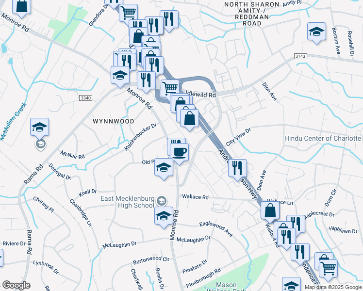 map of restaurants, bars, coffee shops, grocery stores, and more near 6521 Monroe Road in Charlotte