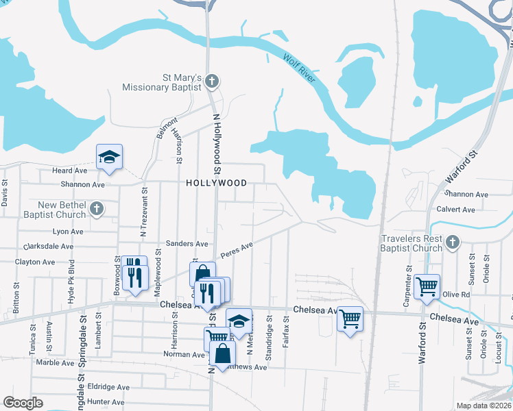 map of restaurants, bars, coffee shops, grocery stores, and more near 2517 Calvert Avenue in Memphis
