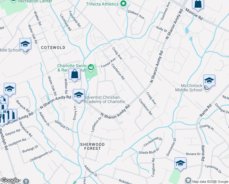 map of restaurants, bars, coffee shops, grocery stores, and more near 4239 Windemere Lane in Charlotte