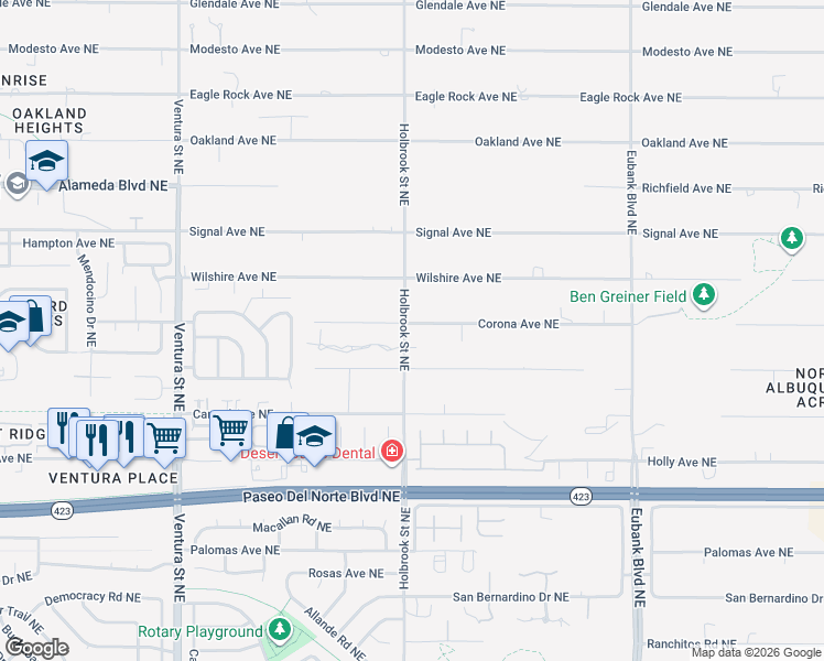 map of restaurants, bars, coffee shops, grocery stores, and more near 9606 Del Arroyo North East in Albuquerque