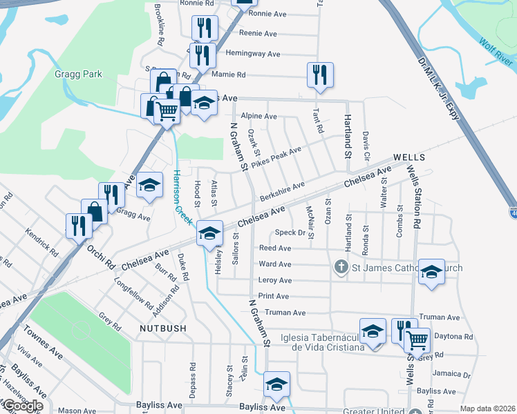 map of restaurants, bars, coffee shops, grocery stores, and more near 1744 North Graham Street in Memphis