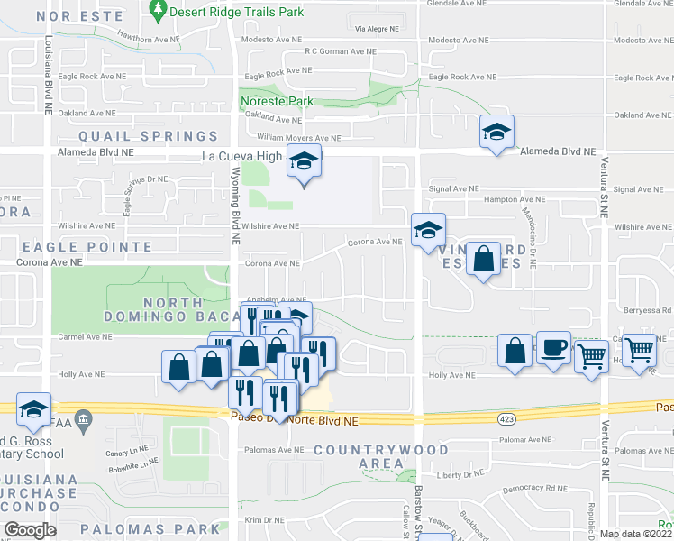 map of restaurants, bars, coffee shops, grocery stores, and more near 8421 South Sandoval Street Northeast in Albuquerque