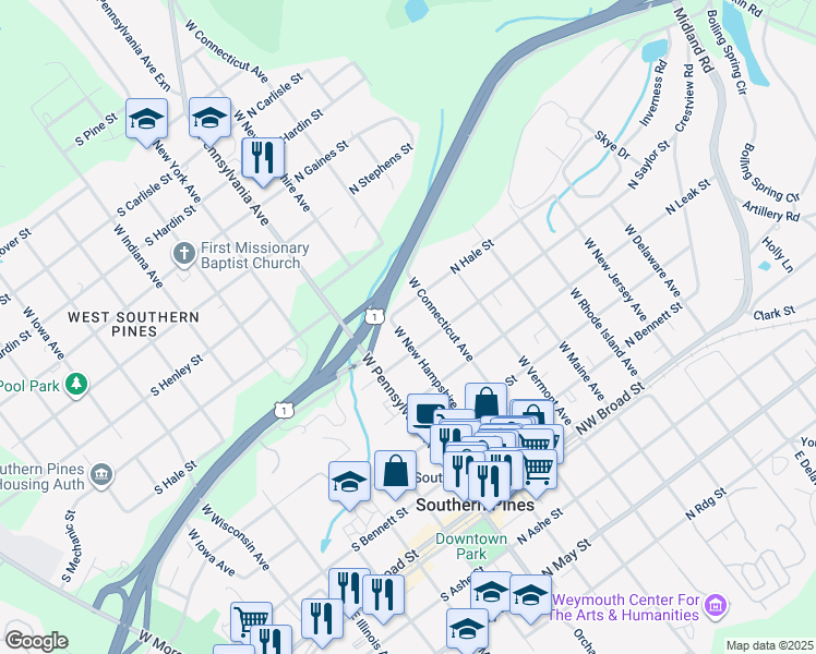 map of restaurants, bars, coffee shops, grocery stores, and more near 551 West New Hampshire Avenue in Southern Pines