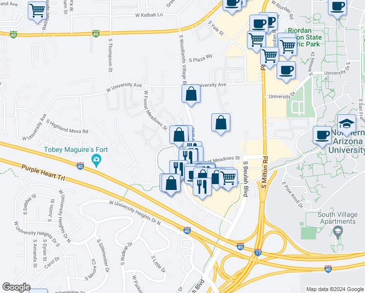 map of restaurants, bars, coffee shops, grocery stores, and more near 2873 South Highland Mesa Road in Flagstaff