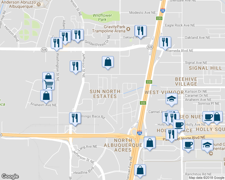 map of restaurants, bars, coffee shops, grocery stores, and more near 8524 Stream Street Northeast in Albuquerque