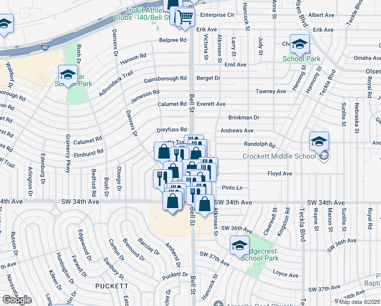 map of restaurants, bars, coffee shops, grocery stores, and more near 6001 Oxbow Trail in Amarillo