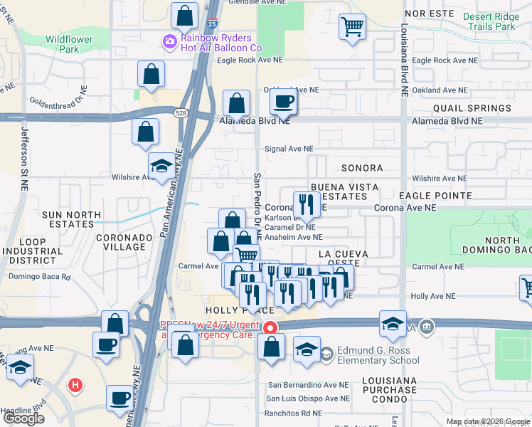 map of restaurants, bars, coffee shops, grocery stores, and more near 6404 Karlson Drive Northeast in Albuquerque