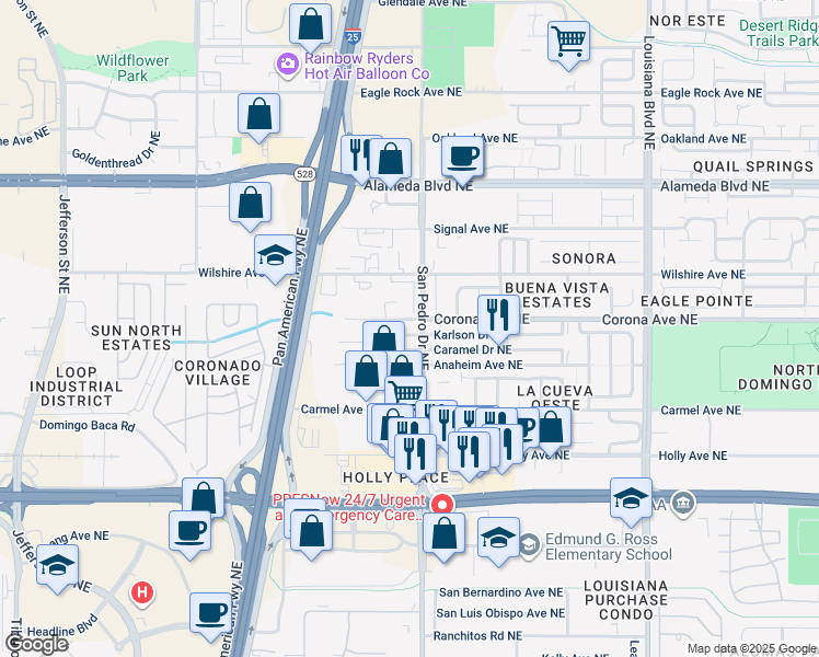 map of restaurants, bars, coffee shops, grocery stores, and more near 6302 Karlson Drive Northeast in Albuquerque