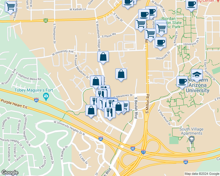 map of restaurants, bars, coffee shops, grocery stores, and more near 800 West Forest Meadows Street in Flagstaff