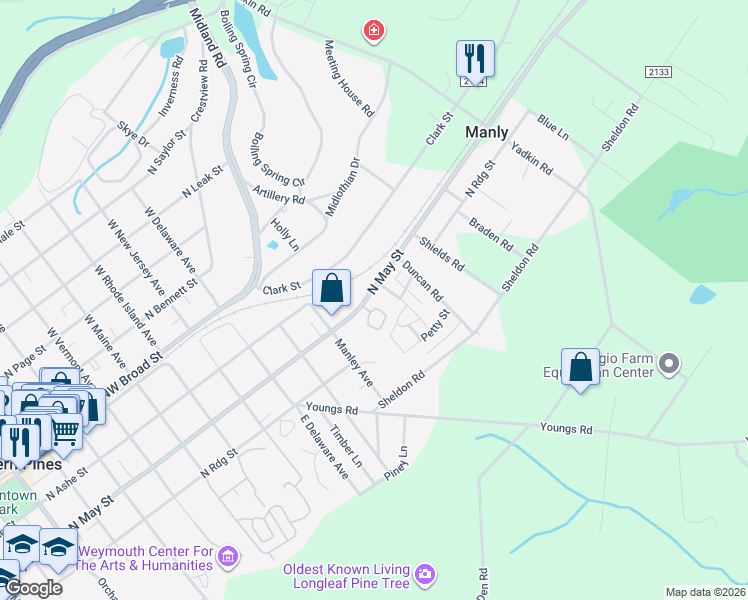 map of restaurants, bars, coffee shops, grocery stores, and more near 125 Pinebranch Court in Southern Pines