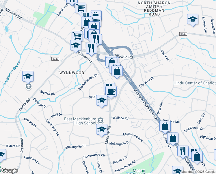 map of restaurants, bars, coffee shops, grocery stores, and more near 6521 Monroe Road in Charlotte